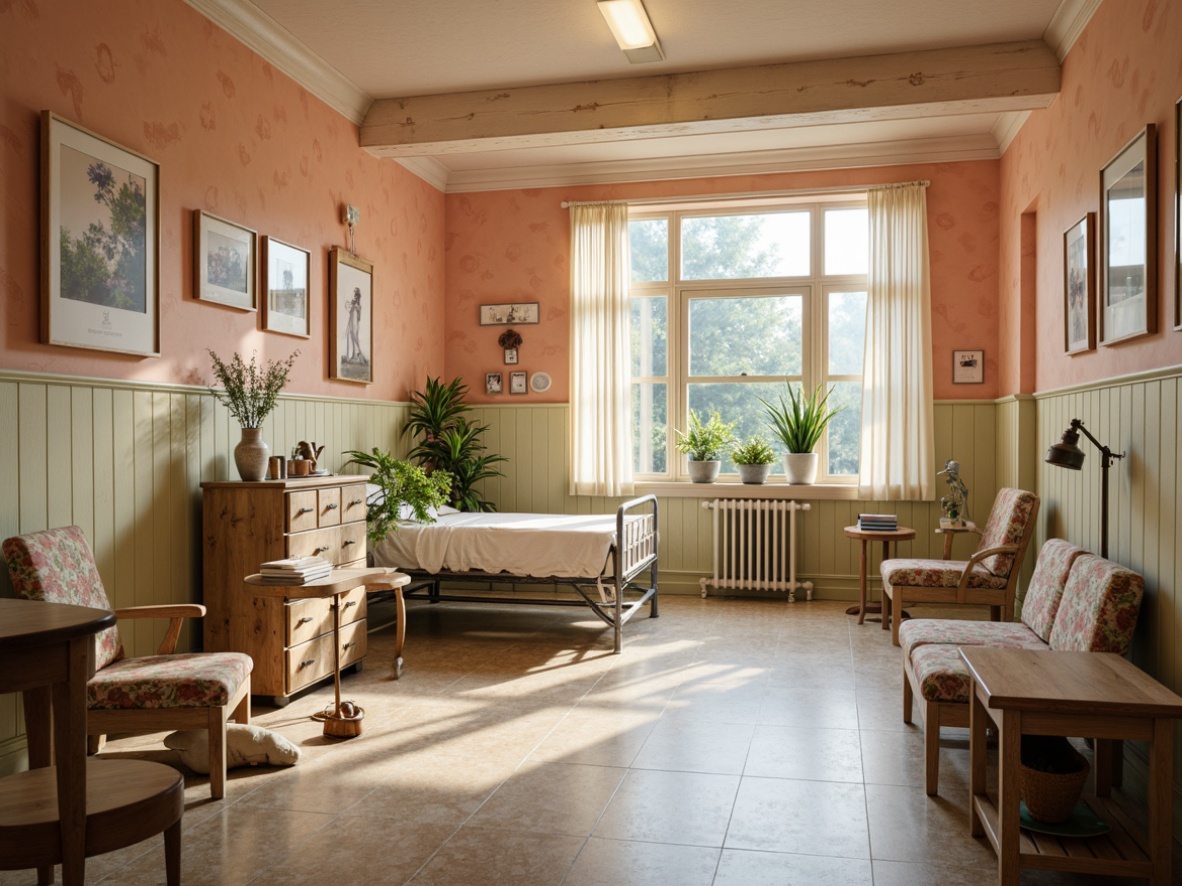 Prompt: Cozy hospital interior, soft peach walls, distressed wood accents, vintage medical equipment, floral patterns, gentle cream hues, soothing sage greens, warm beige tones, rustic metal fixtures, natural stone flooring, reclaimed wood furniture, calming ambiance, softbox lighting, 1/1 composition, shallow depth of field, warm color temperature, inviting atmosphere.