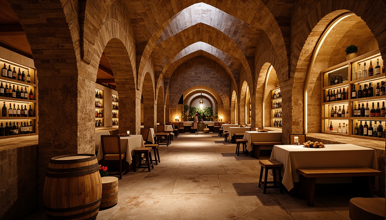 Prompt: Warm Mediterranean wine cellar, rustic stone walls, wooden barrels, dim warm lighting, soft shadows, ambient glow, subtle color temperatures, dramatic spotlights, LED strips, table lamps, candelabras, natural daylight, clerestory windows, arched openings, textured stonework, earthy tones, aged wood accents, metallic hardware, ornate details, cozy atmosphere, intimate seating areas, refined rustic decor, warm beige colors, golden hour lighting, soft focus, shallow depth of field, 2/3 composition.