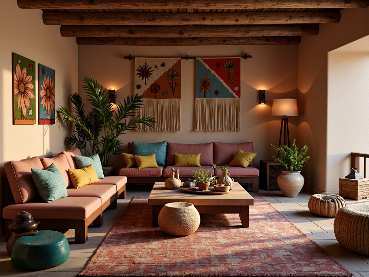 Prompt: Vibrant turquoise accents, earthy terracotta pottery, woven Navajo-inspired rugs, rustic wooden furniture, colorful Zapotec textiles, natural fiber wall hangings, handmade clay ceramics, desert botanical prints, warm ambient lighting, shallow depth of field, 1/2 composition, intimate close-up shots, soft focus, realistic textures.