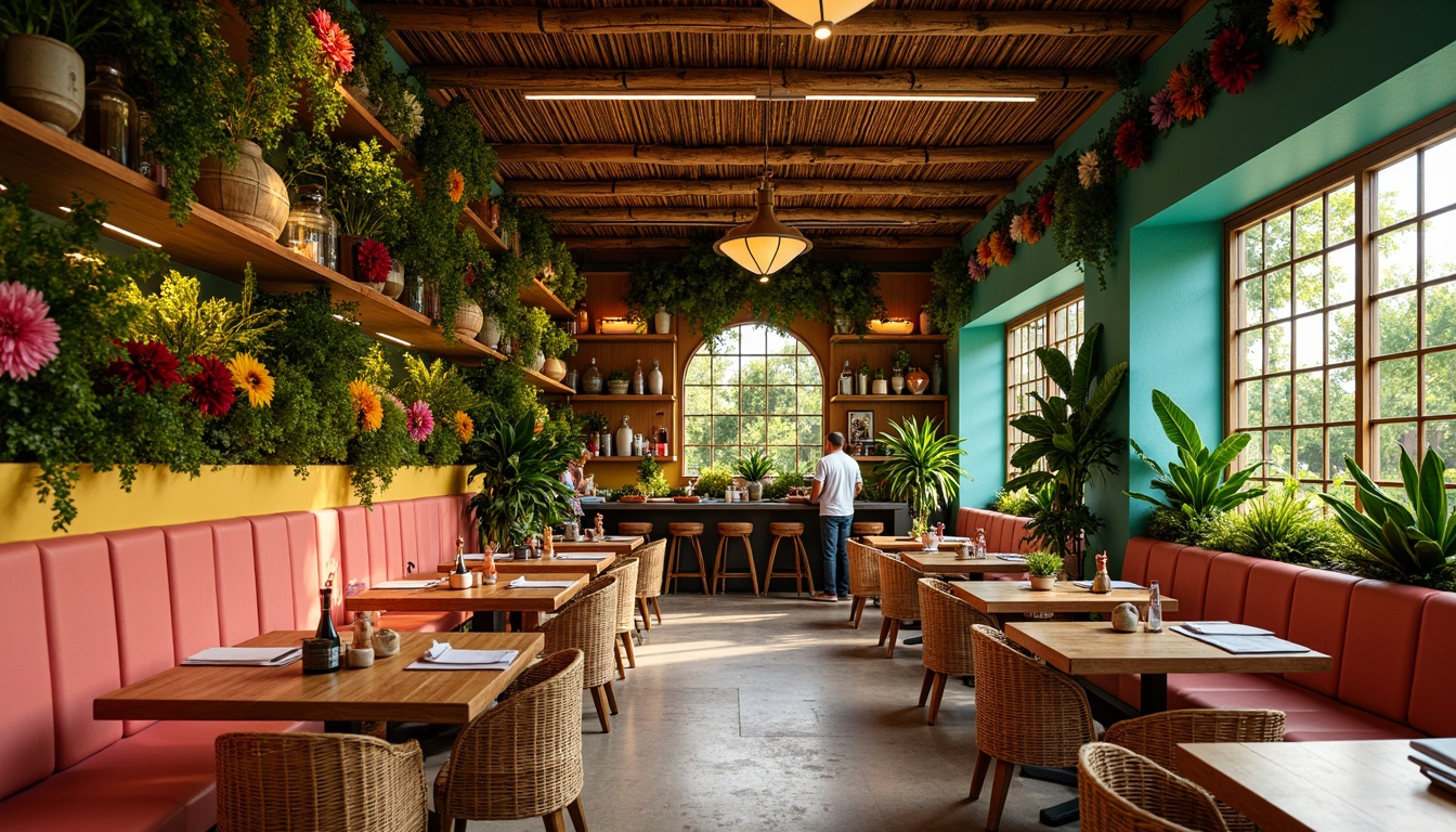 Prompt: Vibrant tropical restaurant, lush greenery walls, exotic flower arrangements, reclaimed wood accents, natural rattan furniture, colorful tiki torches, woven bamboo ceiling, bright coral pink hues, sunny yellow tones, turquoise blue accents, palm tree silhouettes, rustic wooden tables, woven wicker chairs, lively Latin-inspired music, warm golden lighting, shallow depth of field, 1/1 composition, realistic textures, ambient occlusion.