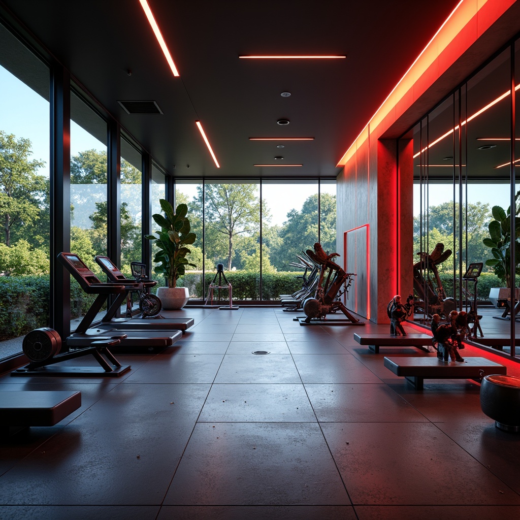 Prompt: Modern home gym, sleek exercise equipment, mirrored walls, rubber flooring, vibrant color scheme, energizing ambiance, natural light pouring in through large windows, softbox lighting, LED strips under cabinets, warm uplighting on ceiling, dramatic spotlighting on workout areas, high-contrast shadows, shallow depth of field, 1/2 composition, realistic textures, ambient occlusion.