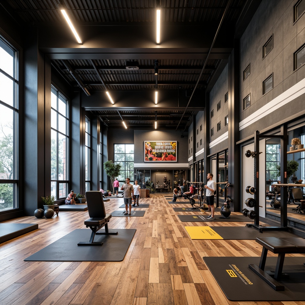 Prompt: Industrial-chic home gym, reclaimed wood flooring, exposed metal beams, sleek rubber walls, modern LED lighting, high-gloss epoxy finish, professional-grade exercise equipment, free weights, kettlebells, mirrored walls, floor-to-ceiling windows, natural daylight, urban loft-inspired design, functional storage solutions, durable vinyl flooring, sound-absorbing acoustic panels, motivational quotes, vibrant color accents, 3/4 composition, shallow depth of field, realistic textures.