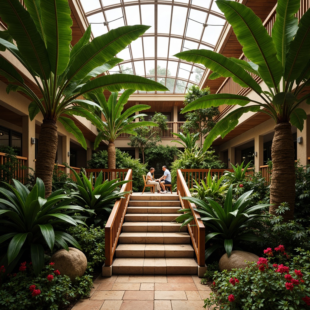 Prompt: Luxuriant tropical staircase, lush greenery, exotic plants, wooden handrails, natural stone steps, vibrant flowers, tropical hardwood flooring, open-air atrium, skylight above, soft warm lighting, shallow depth of field, 3/4 composition, panoramic view, realistic textures, ambient occlusion.