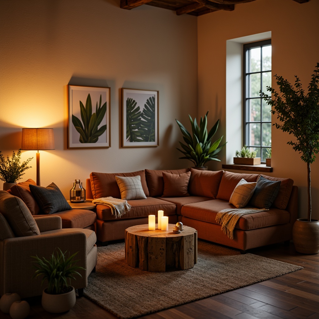 Prompt: Warm candlelight, soft beige walls, rich walnut wood accents, plush velvet sofas, cozy throw blankets, earthy terracotta pots, nature-inspired botanical prints, muted sage greenery, warm golden lighting, shallow depth of field, 1/2 composition, intimate atmosphere, realistic textures, ambient occlusion.