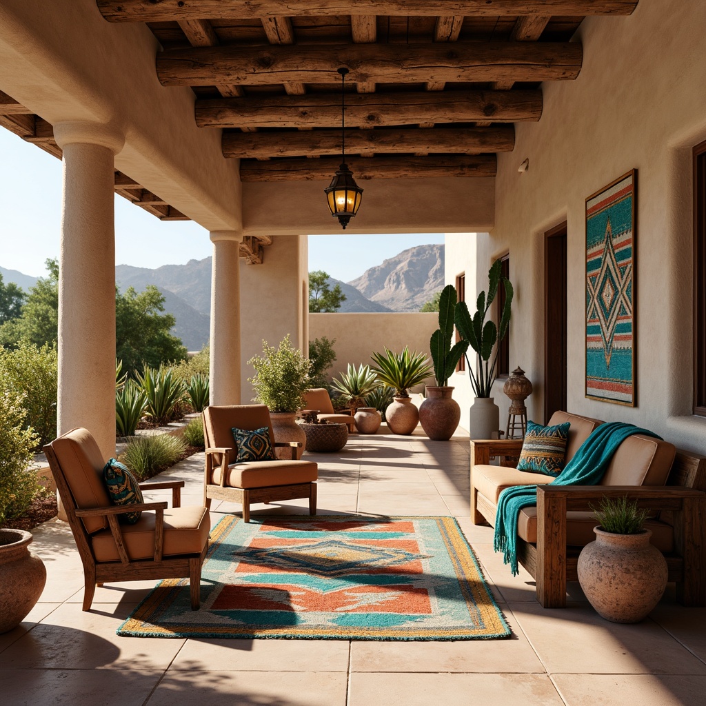 Prompt: Vibrant turquoise accents, rustic wooden furniture, woven Native American patterns, clay pottery vases, earthy terracotta planters, plush kilim rugs, geometric Aztec-inspired tapestries, distressed leather armchairs, wrought iron lanterns, adobe-style architectural elements, warm beige stucco walls, vibrant cactus arrangements, sunny desert landscape views, shallow depth of field, 3/4 composition, realistic textures, ambient occlusion.