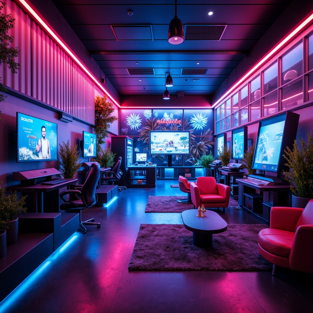 Prompt: Neon-lit game room, futuristic ambiance, vibrant color scheme, LED strip lighting, glowing accents, geometric patterns, metallic finishes, sleek modern furniture, high-tech gadgets, virtual reality stations, immersive gaming experiences, ambient occlusion, softbox lighting, 1/1 composition, shallow depth of field, realistic textures, dark tones, moody atmosphere.