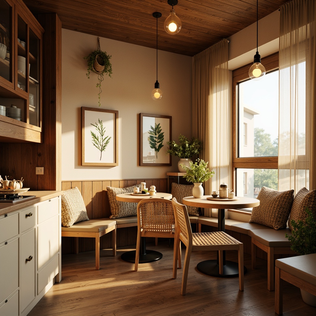 Prompt: Cozy breakfast nook, warm wooden tones, soft morning light, pendant lamps, Edison bulbs, minimalist ceiling fixtures, subtle color changing LED lights, natural stone countertops, creamy white cabinets, stainless steel appliances, woven rattan chairs, plush throw pillows, botanical prints, fresh flowers, sunny side windows, sheer curtains, warm beige walls, ambient glow, 1/2 composition, intimate atmosphere, soft focus blur.