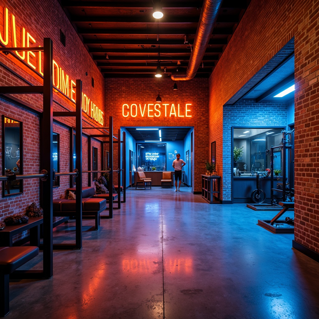 Prompt: Industrial-chic home gym, exposed brick walls, polished concrete floors, metallic equipment frames, neon-lit signage, vibrant orange accents, deep blue tones, motivational quotes, sleek glass partitions, modern LED lighting, dynamic shadows, 1/2 composition, low-angle shot, realistic textures, ambient occlusion.