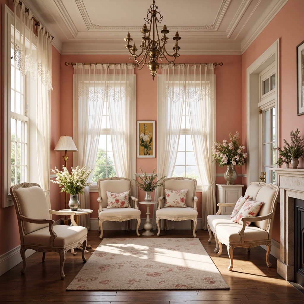 Prompt: Soft peach walls, distressed wood accents, vintage furniture, lace curtains, floral patterns, pastel colors, creamy whites, warm beige tones, ornate metal fixtures, antique decorations, feminine touches, elegant chandeliers, natural textiles, soft warm lighting, shallow depth of field, 3/4 composition, romantic ambiance, realistic textures, ambient occlusion.