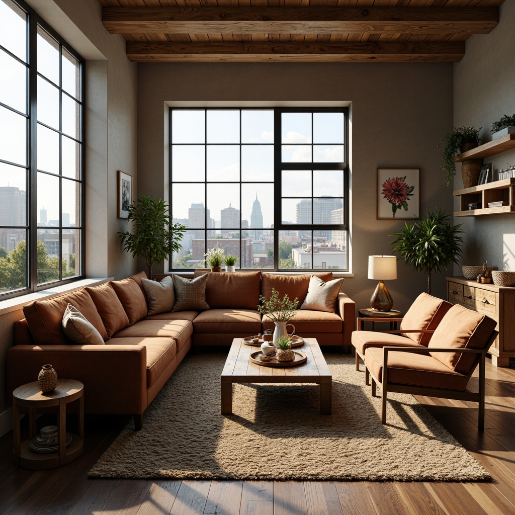 Prompt: Cozy living room, plush sofas, velvet armchairs, reclaimed wood coffee tables, soft cushions, woven baskets, natural fiber rugs, earthy color palette, warm ambient lighting, floor lamps, table lamps, minimalist decor, modern industrial accents, metal frame shelves, greenery walls, large windows, cityscape views, morning sunlight, gentle shadows, 1/2 composition, shallow depth of field, realistic textures.