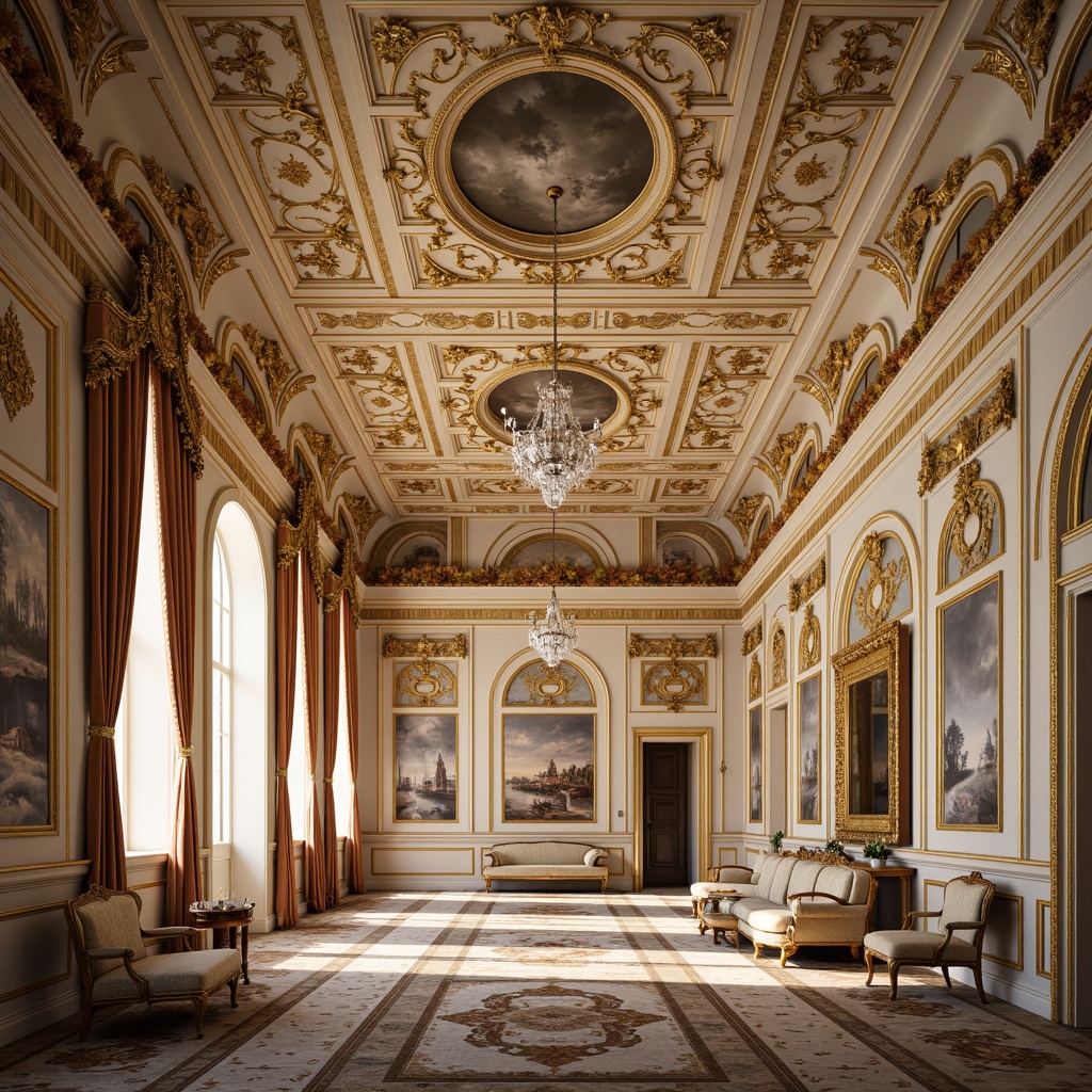 Prompt: Ornate Rococo ceiling, intricate Baroque patterns, gilded gold leaf details, creamy white stucco, ornamental moldings, crystal chandeliers, lavish drapery, soft warm lighting, shallow depth of field, 3/4 composition, panoramic view, realistic textures, ambient occlusion, grandiose frescoes, majestic archways, delicate filigree, velvet drapes, luxurious fabrics, opulent furniture, aristocratic ambiance.