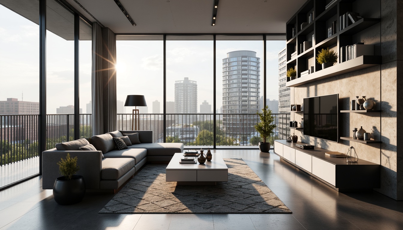 Prompt: Modern living room, minimalist decor, low-profile sofa, sleek coffee table, geometric-patterned rug, floor-to-ceiling windows, natural light, urban city view, industrial-chic metal shelves, monochromatic color scheme, matte black accents, soft warm lighting, shallow depth of field, 3/4 composition, realistic textures, ambient occlusion.