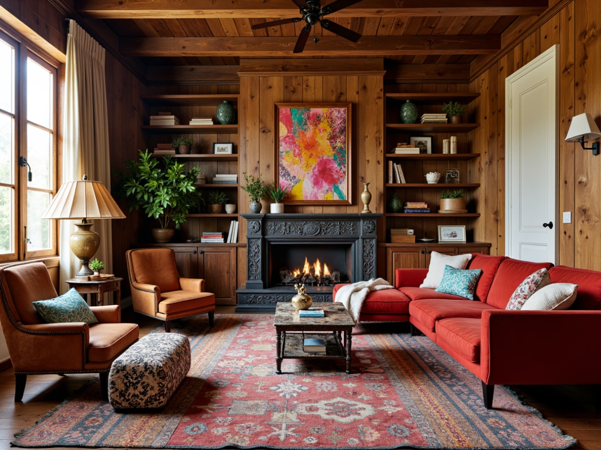 Prompt: Vibrant eclectic family room, rich wood tones, plush velvet sofas, distressed leather armchairs, ornate metal coffee tables, colorful Moroccan-inspired rugs, patterned throw pillows, abstract artwork, industrial-chic lighting fixtures, reclaimed wood accent walls, cozy reading nooks, oversized floor lamps, eclectic vintage decor, natural textiles, warm earthy colors, layered window treatments, relaxed casual atmosphere, soft warm lighting, 3/4 composition, intimate close-up shots.