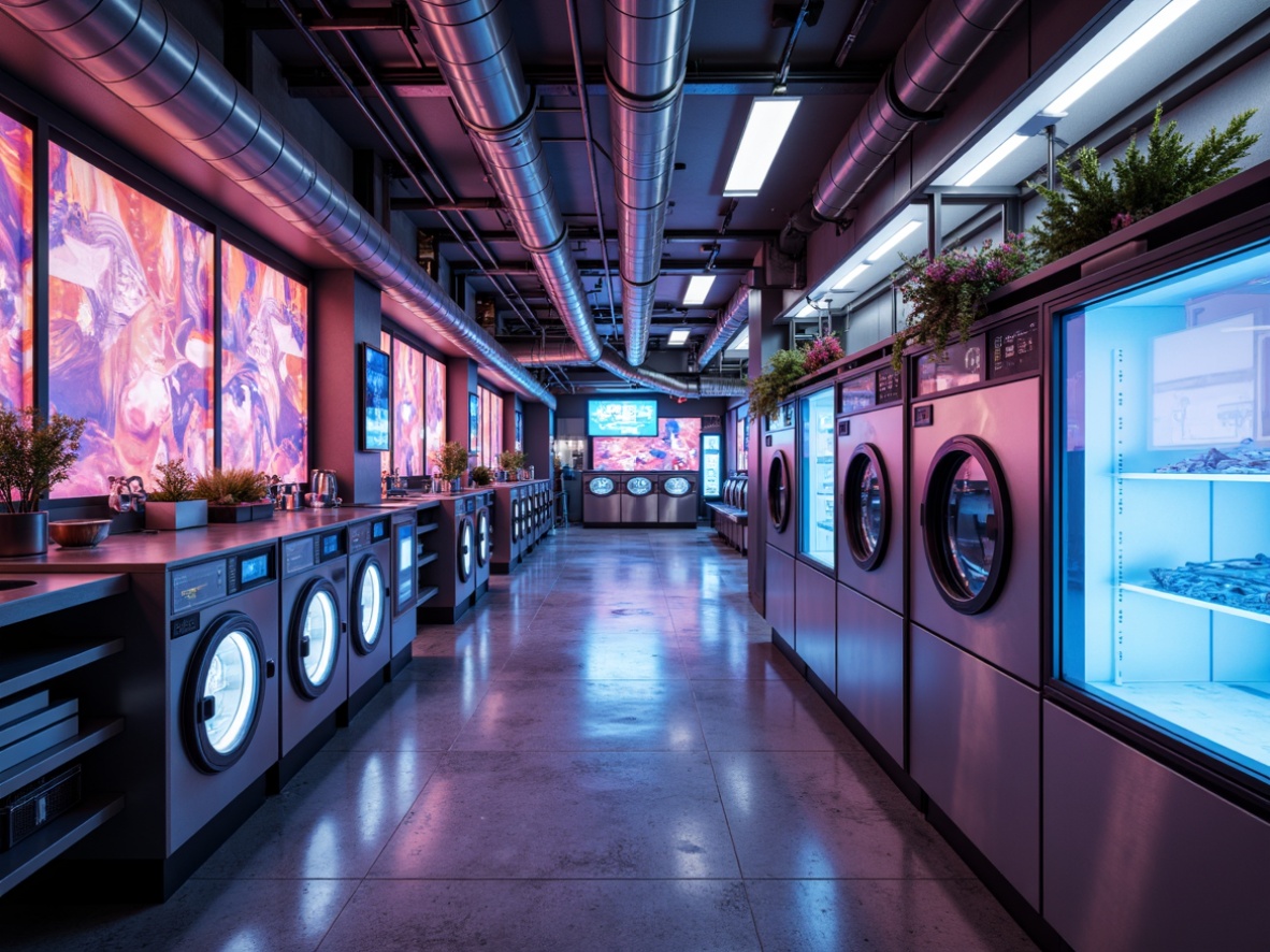 Prompt: Futuristic laundry room, sleek metallic surfaces, iridescent fabrics, neon-lit washing machines, holographic displays, glowing pipes, minimalist shelving units, angular lines, vibrant LED lighting, high-tech gadgetry, robotic arms, stainless steel countertops, futuristic appliances, virtual reality interfaces, cyberpunk-inspired color schemes, abstract geometric patterns, 3D-printed decorative elements, soft ambient glow, shallow depth of field, panoramic view.