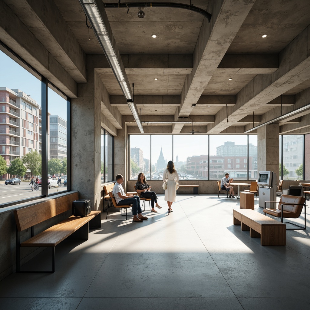 Prompt: Raw concrete walls, exposed ductwork, industrial flooring, minimalist waiting area, steel chairs, wooden benches, modern medical equipment, sleek reception desk, abundant natural light, large windows, urban cityscape view, busy streets, brutalist architecture, geometric shapes, clean lines, monochromatic color scheme, functional layout, efficient circulation paths, patient-centric design, warm lighting, shallow depth of field, 3/4 composition, realistic textures, ambient occlusion.