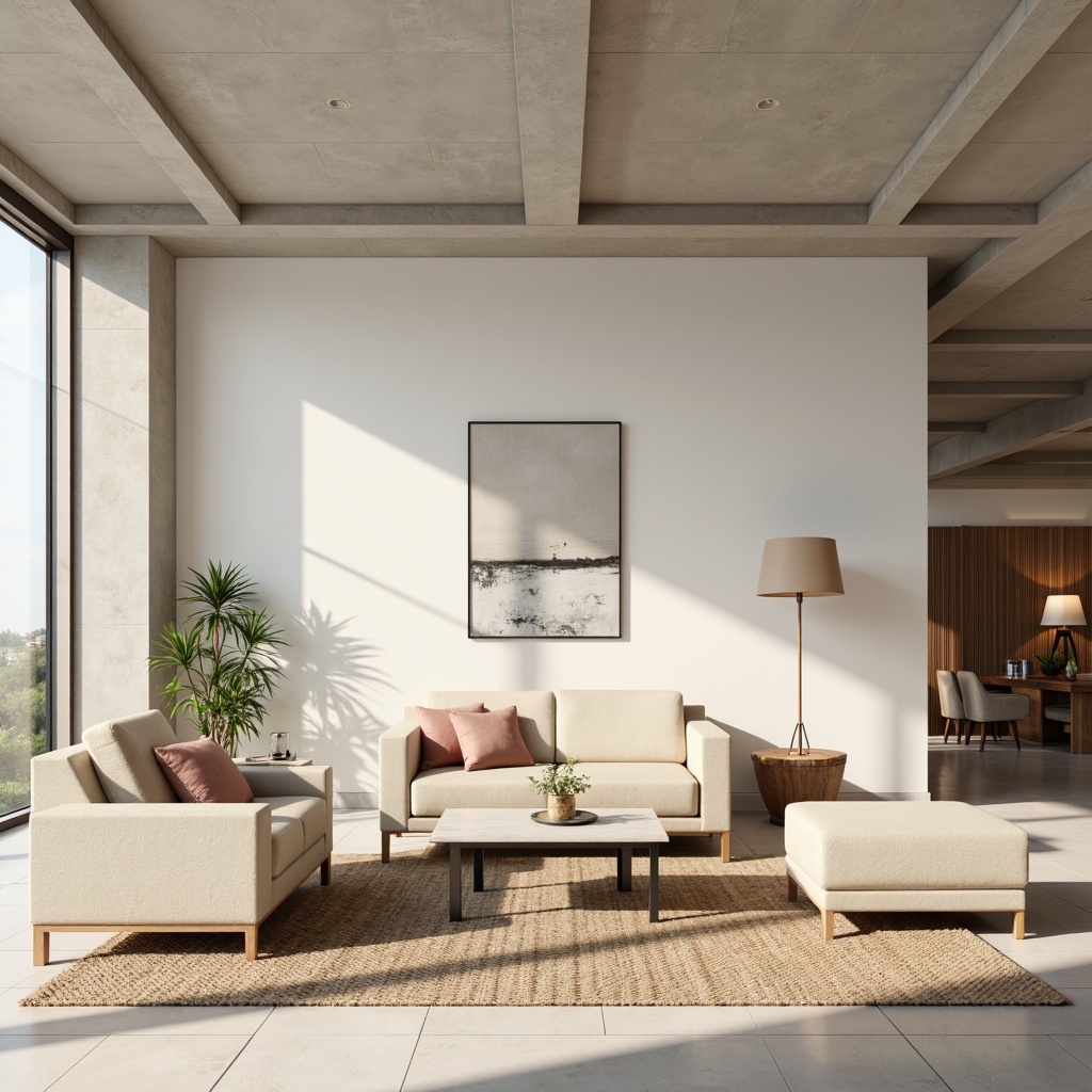 Prompt: Minimalist interior design, monochromatic color scheme, soft pastel hues, creamy whites, rich wood tones, industrial metal accents, sleek glass surfaces, modern furniture pieces, abstract geometric patterns, natural textiles, ambient warm lighting, subtle shadowing, shallow depth of field, 1/1 composition, realistic renderings, atmospheric occlusion.