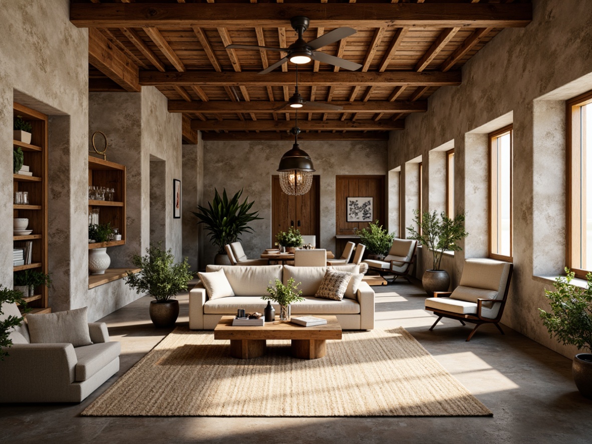 Prompt: Rustic farmhouse, natural materials, reclaimed wood, wooden beams, stone walls, brick facades, earthy tones, cozy atmosphere, vintage decor, metal accents, distressed finishes, woven textiles, linen upholstery, jute rugs, botanical prints, soft warm lighting, shallow depth of field, 3/4 composition, panoramic view, realistic textures, ambient occlusion.