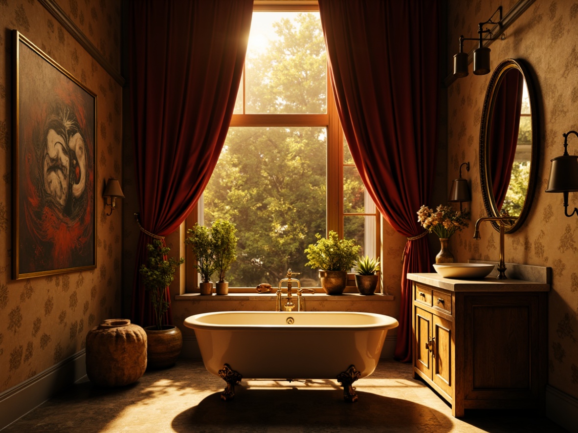 Prompt: Dramatic bathroom scene, expressionist style, warm golden lighting, soft shadows, rich textures, ornate fixtures, vintage metal accents, distressed wood cabinets, bold color contrasts, abstract artwork, eclectic decorative elements, freestanding tub, luxurious velvet drapes, moody ambiance, high-contrast ratio, cinematic composition, dramatic focal point, warm color palette, artistic freedom.