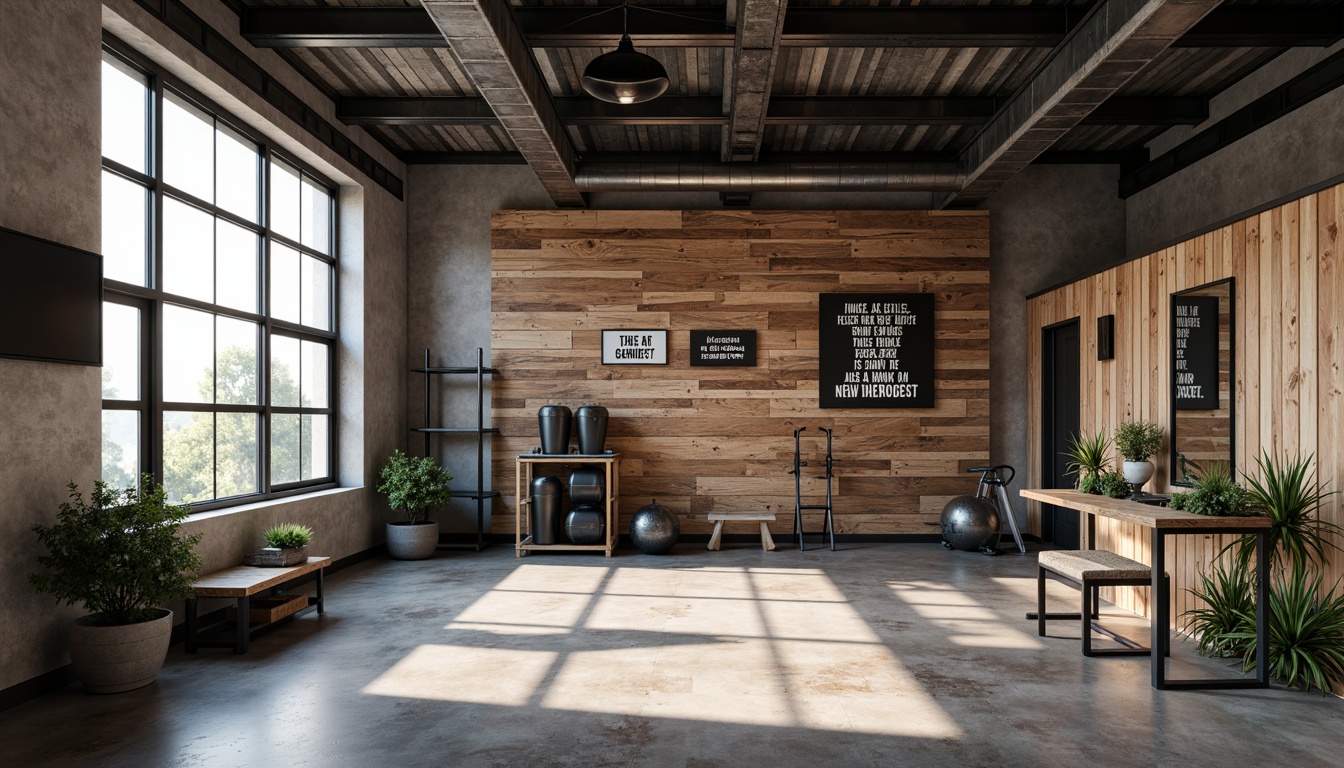 Prompt: Rustic home gym, reclaimed wood accent walls, industrial metal beams, polished concrete floors, motivational quotes, athletic equipment storage, mirrored walls, rubber flooring, sound-absorbing panels, natural light pouring in, modern industrial lighting, minimalist decor, functional layout, 3/4 composition, shallow depth of field, realistic textures.