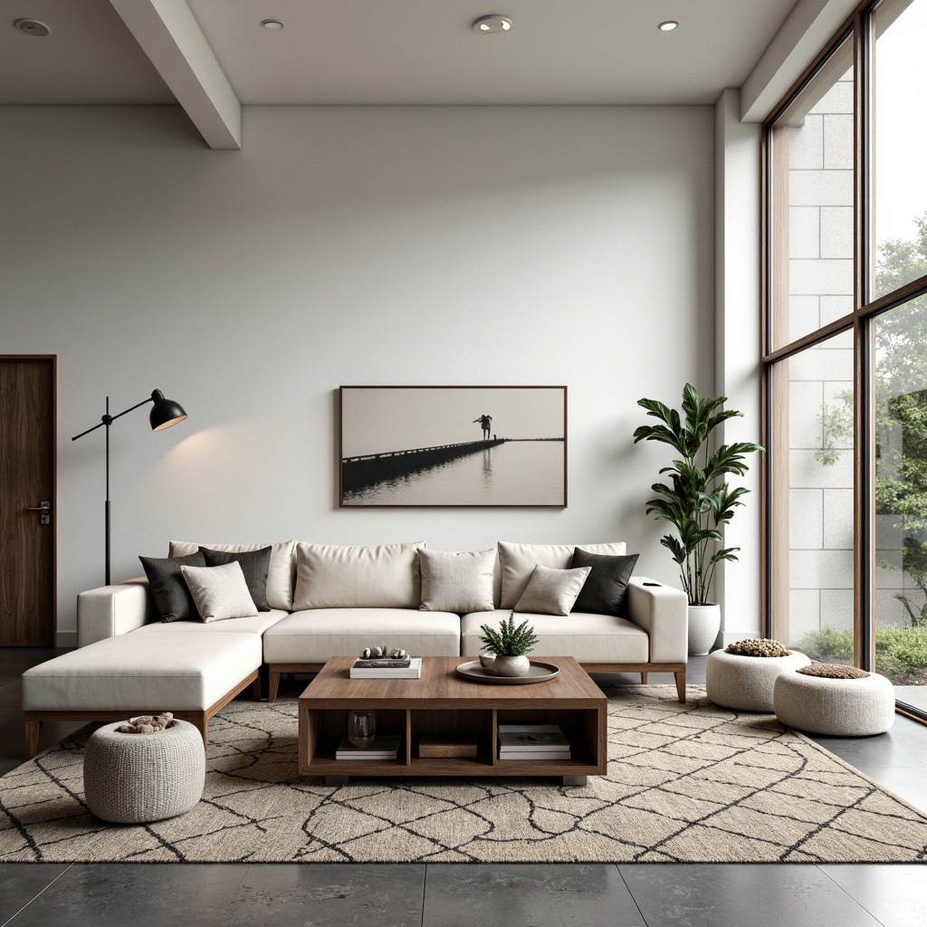 Prompt: Modern living room, minimalist aesthetic, sleek low-profile sofa, monochromatic color scheme, polished wooden coffee table, geometric-patterned rug, floor-to-ceiling windows, abundant natural light, sparse decorative accents, industrial metal lighting fixtures, functional storage ottomans, Scandinavian-inspired design, clean lines, minimal ornamentation, 1/1 composition, soft warm lighting, shallow depth of field, realistic textures, ambient occlusion.