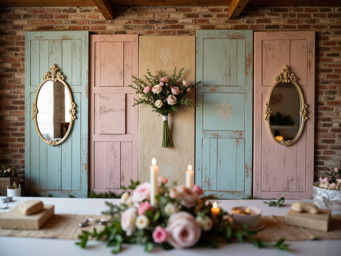 Prompt: Distressed wooden panels, soft pastel colors, vintage ornate mirrors, distressed brick walls, rustic stone accents, delicate floral patterns, lace-inspired stencils, whitewashed surfaces, natural linen textures, warm candlelight, 1/1 composition, shallow depth of field, soft focus effect, romantic warm lighting.