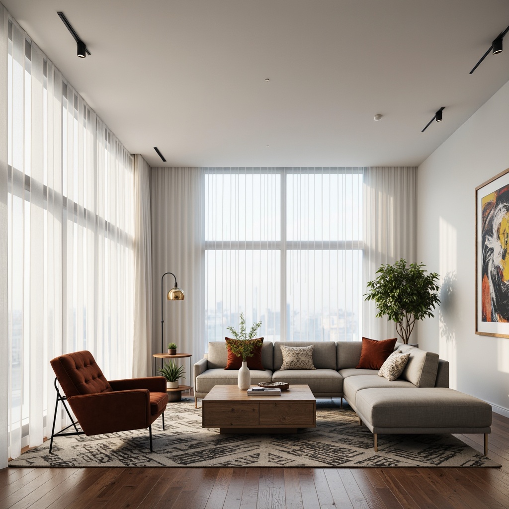 Prompt: Minimalist living room, sleek low-profile sofa, polished chrome legs, tufted velvet armchair, reclaimed wood coffee table, geometric patterned rug, floor-to-ceiling windows, sheer white curtains, modern abstract artwork, industrial metal lighting fixtures, soft warm ambient lighting, 1/1 composition, shallow depth of field, realistic textures, ambient occlusion.