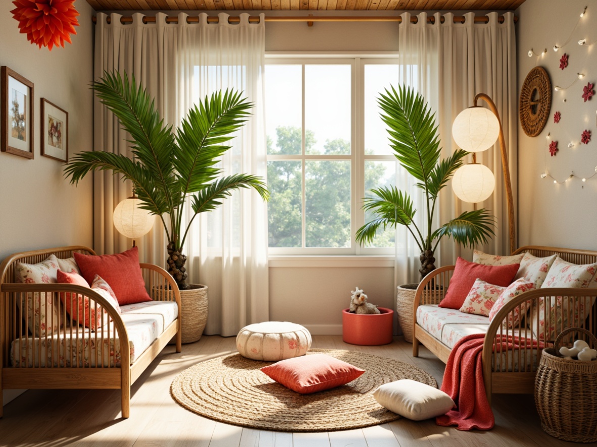 Prompt: Vibrant tropical baby room, pastel colors, soft warm lighting, natural textures, woven rattan furniture, lush greenery, palm trees, floral patterns, bright coral accents, creamy whites, wooden cribs, cozy reading nooks, sheer curtains, billowy drapes, floor lamps, table lamps, string lights, warm beige walls, calming ambiance, shallow depth of field, 1/1 composition, soft focus, gentle highlights.