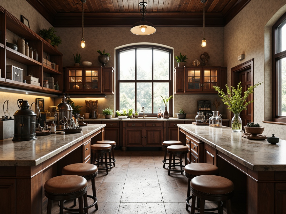 Prompt: Elegant laboratory, classic wooden workbenches, antique metal equipment, vintage-inspired stools, rich leather-bound chairs, ornate glass cabinets, polished stone countertops, distressed wood shelving, industrial-style lighting fixtures, soft warm color palette, natural materials, earthy tones, traditional craftsmanship, refined details, subtle textures, 1/1 composition, symmetrical framing, softbox lighting, realistic reflections.