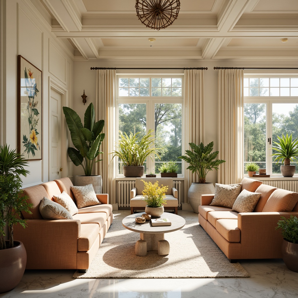 Prompt: Warm sunroom, classicism style, soft natural light, creamy white walls, rich wood accents, comfortable velvet furniture, subtle gold decorations, elegant marble floors, serene botanical prints, lush greenery, vibrant yellow flowers, warm beige tones, soft peach hues, calming blue undertones, gentle cream shades, subtle texture contrasts, realistic material renderings, ambient occlusion, shallow depth of field, 3/4 composition, panoramic view.