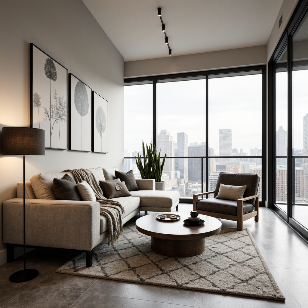 Prompt: Monochromatic modern apartment, sleek lines, minimalist decor, neutral color palette, creamy whites, soft grays, taupe accents, rich wood tones, matte black fixtures, polished chrome hardware, floor-to-ceiling windows, natural light, urban cityscape views, concrete floors, industrial chic textures, cozy throw blankets, plush area rugs, geometric patterned fabrics, statement lighting fixtures, warm ambient glow, shallow depth of field, 1/1 composition, realistic renderings.