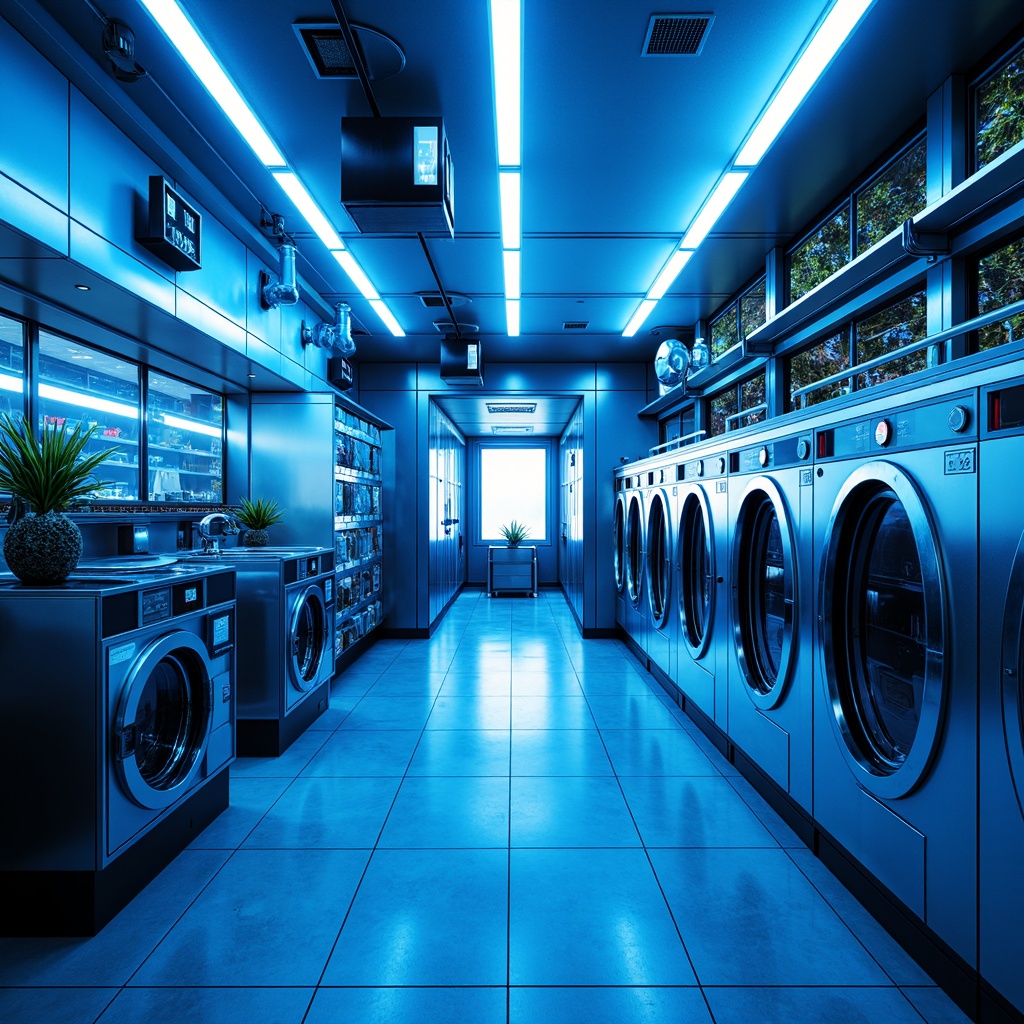 Prompt: Futuristic laundry room, neon-lit ambiance, metallic surfaces, sleek machinery, vibrant blue and silver color scheme, glowing LED lights, translucent glass doors, polished chrome accents, minimalist decor, geometric patterns, 3D-printed accessories, atmospheric misting system, softbox lighting, shallow depth of field, 1/2 composition, realistic textures, ambient occlusion.