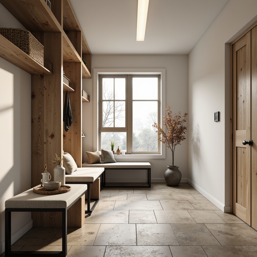 Prompt: Clean mudroom, minimalist decor, natural wood accents, industrial metal benches, rustic stone floors, modern linear lighting, neutral color palette, functional storage units, woven baskets, simple shelving systems, earthy tone textiles, organic shapes, soft warm glow, shallow depth of field, 3/4 composition, panoramic view, realistic textures, ambient occlusion.