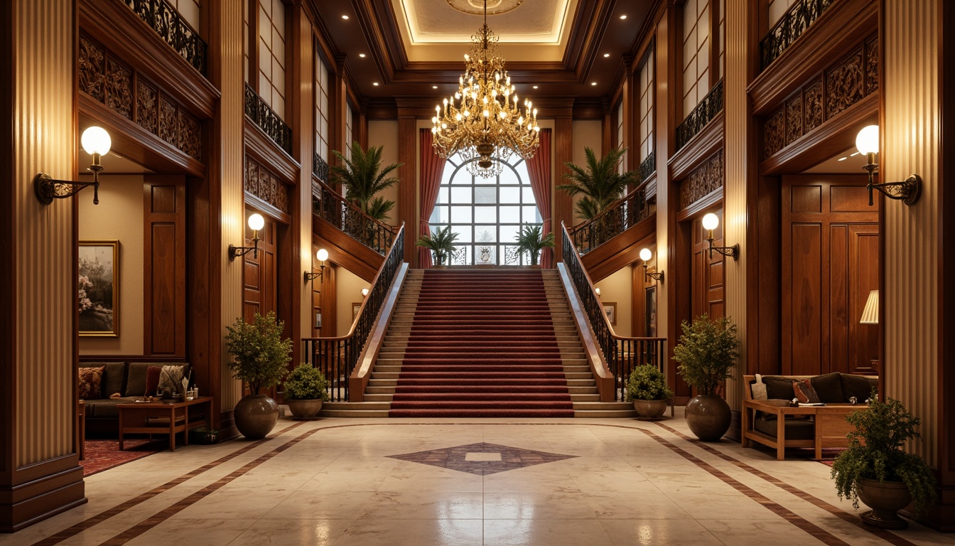 Prompt: Elegant columns, ornate moldings, rich wood tones, polished marble floors, carved stone details, grand staircases, lavish chandeliers, soft golden lighting, subtle shading, 3/4 composition, symmetrical balance, classical proportions, ornate metalwork, intricate patterns, luxurious fabrics, velvet drapes, tassel trims, gilded frames.