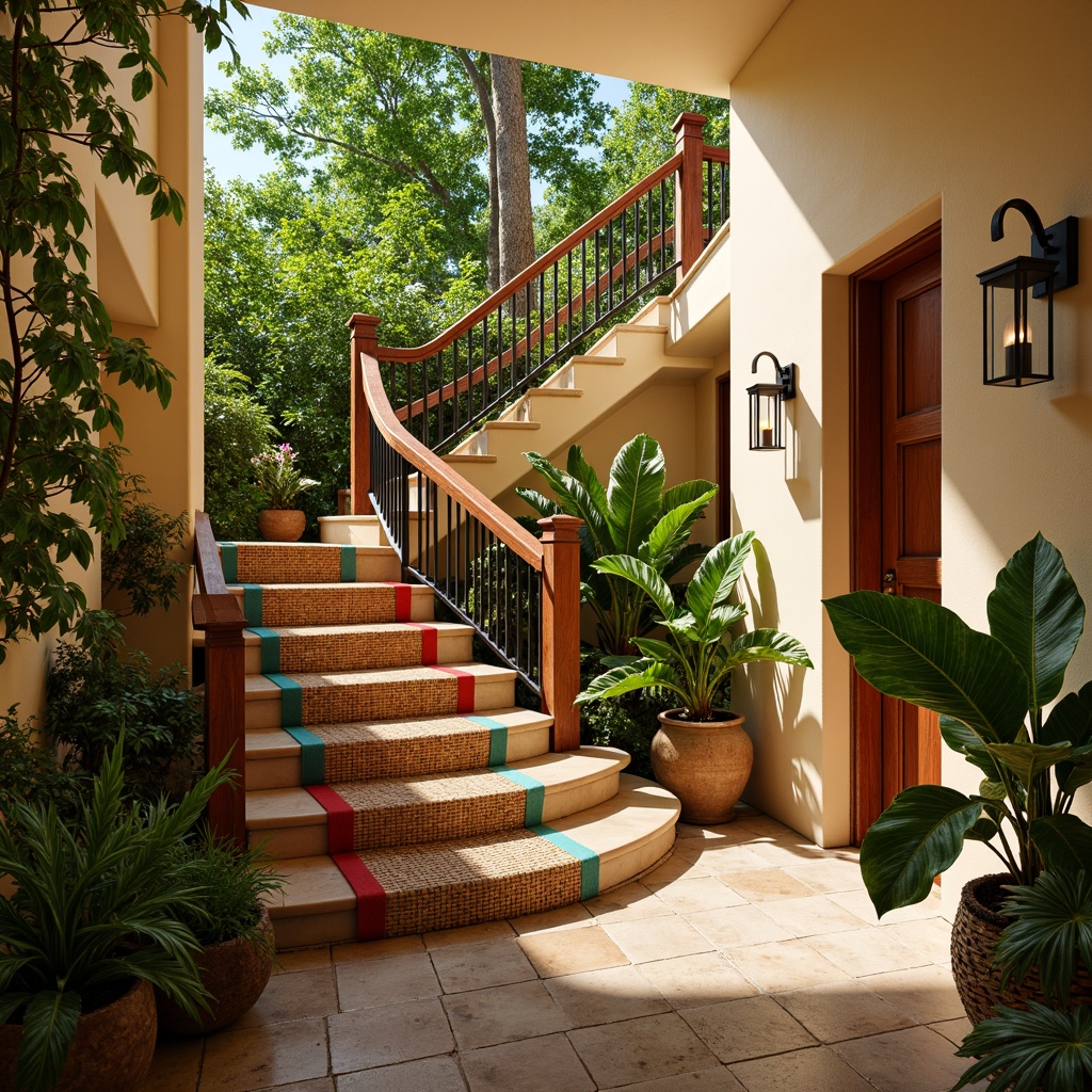 Prompt: Vibrant tropical staircase, exotic wood tones, rich mahogany handrails, ornate metal balusters, lush greenery surroundings, natural fiber carpeting, warm beige walls, sunny day ambiance, soft warm lighting, shallow depth of field, 3/4 composition, panoramic view, realistic textures, ambient occlusion, bold colorful accents, bright coral hues, turquoise stair risers, creamy white banisters, woven rattan details, tropical leaf patterns, natural stone flooring.