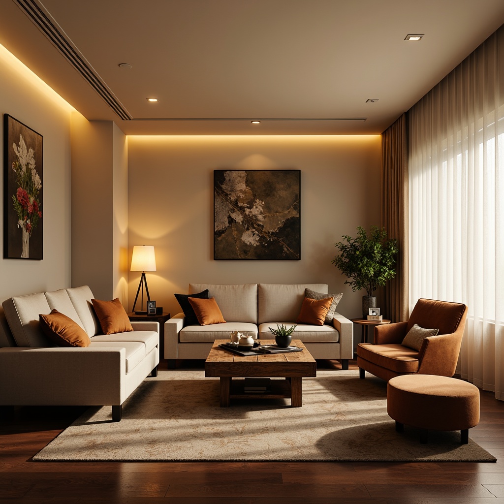 Prompt: Cozy living room, warm beige walls, comfortable sofas, rustic wooden coffee table, soft velvet armchairs, elegant floor lamps, warm golden lighting, LED strip lights under furniture, recessed ceiling lights, natural daylight pouring in, sheer white curtains, subtle shadows, 1/1 composition, realistic textures, ambient occlusion.