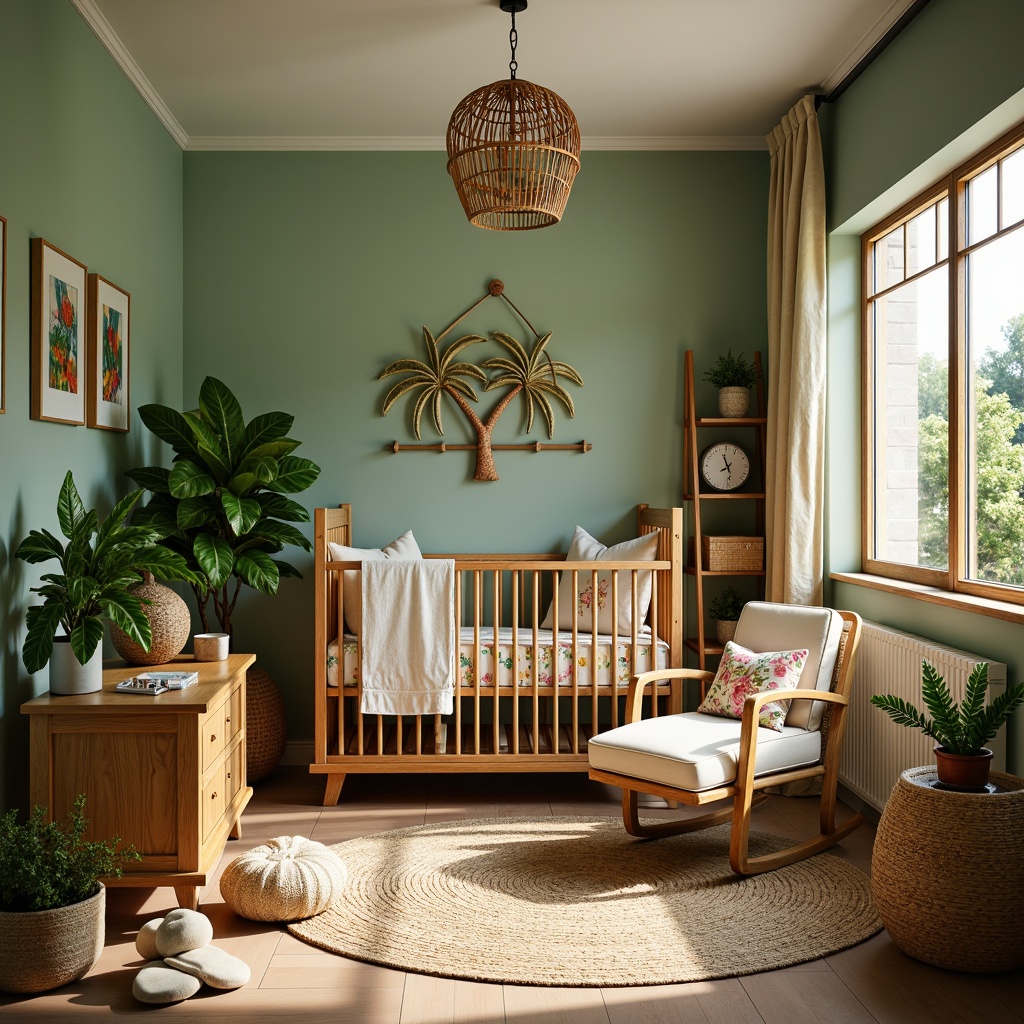 Prompt: Vibrant tropical baby room, exotic wooden crib, woven rattan changing table, palm tree-inspired mobile, colorful floral bedding, natural fiber area rug, woven bamboo storage baskets, distressed wood shelves, vintage wicker rocking chair, soft green walls, warm beige curtains, lush greenery, natural light, shallow depth of field, 3/4 composition, panoramic view, realistic textures, ambient occlusion.