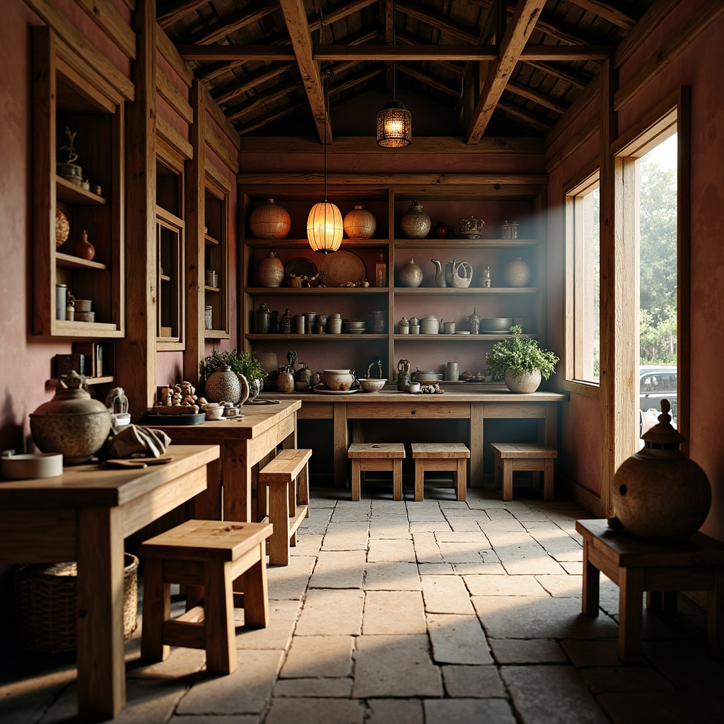 Prompt: Traditional Asian-style workshop, rustic wooden tools, intricately carved wooden furniture, woven bamboo textures, natural stone floors, earthy clay walls, hand-painted ceramic tiles, ornate metal lanterns, vibrant silk fabrics, delicate paper lanterns, subtle warm lighting, shallow depth of field, 1/2 composition, realistic wood grain, ambient occlusion, misty atmosphere.