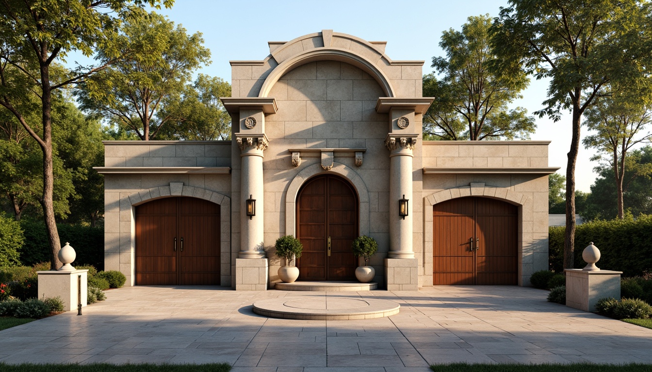 Prompt: Grandiose garage facade, ornate columns, rusticated stone walls, symmetrical composition, balanced proportions, elegant arches, decorative pediments, carved wooden doors, bronze door handles, vintage metal lanterns, classical statues, lush greenery, natural stone pathways, soft warm lighting, shallow depth of field, 3/4 composition, panoramic view, realistic textures, ambient occlusion.