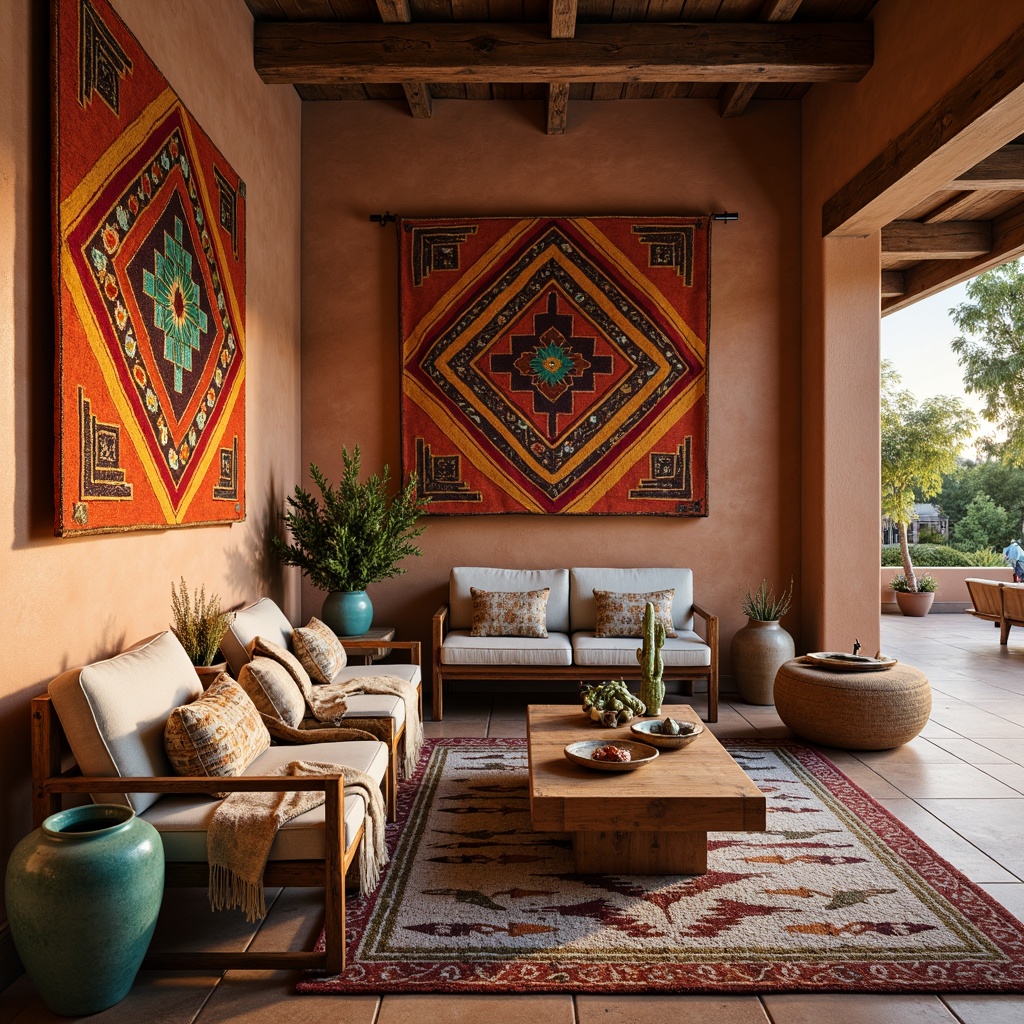 Prompt: Southwestern-style interior, vibrant woven textiles, bold geometric patterns, earthy tone colors, natural fibers, linen fabrics, distressed leather accents, rustic wooden furniture, turquoise stone decor, cactus-inspired motifs, warm desert lighting, cozy throw blankets, plush area rugs, traditional Native American patterns, woven baskets, organic shapes, earthenware vases, sun-bleached driftwood, ambient warm glow, shallow depth of field, 3/4 composition.