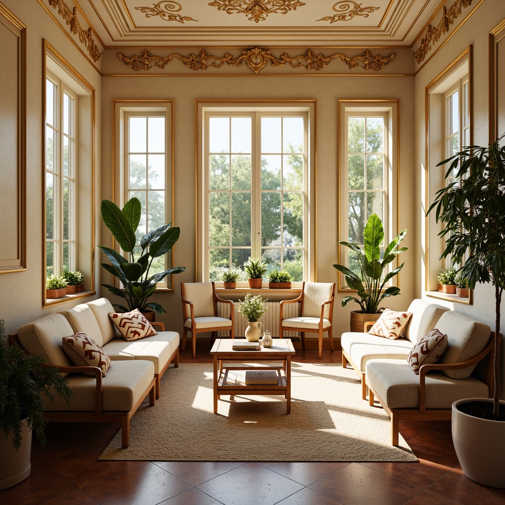 Prompt: Warm sunroom interior, soft natural light, classicism style, beige walls, cream-colored furniture, rich wood tones, golden accents, elegant moldings, ornate ceiling details, warm terracotta flooring, lush greenery, potted plants, vintage decorative accessories, distressed finishes, earthy color palette, muted pastels, warm whites, creamy ivories, soft peach tones, gentle warm lighting, shallow depth of field, 1/2 composition, realistic textures, ambient occlusion.