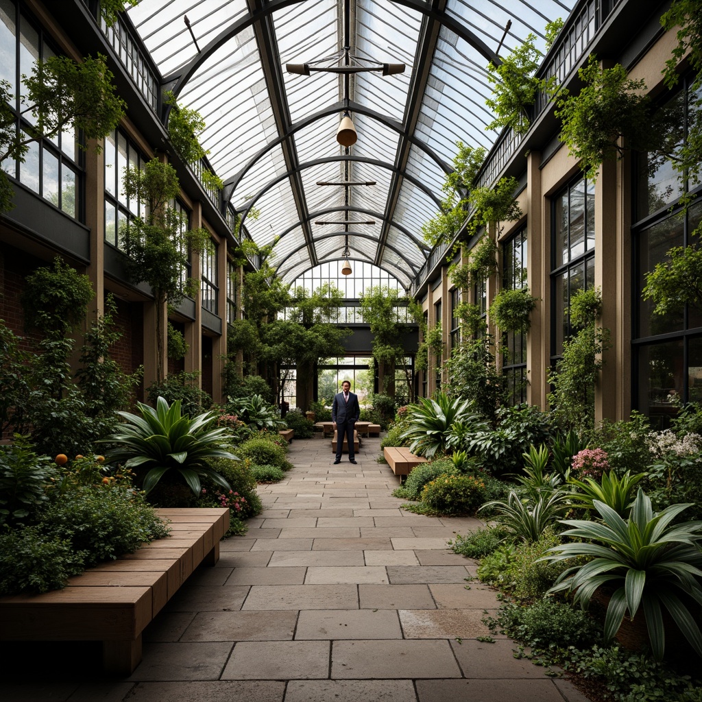 Prompt: Intricate Victorian-style greenhouse interior, lush greenery, exotic plants, natural stone flooring, ornate metal framework, stained glass ceilings, vintage wooden benches, decorative ironwork, subtle steam ventilation, misting systems, warm soft lighting, shallow depth of field, 1/2 composition, realistic textures, ambient occlusion, earthy color palette, rustic materials, distressed finishes.