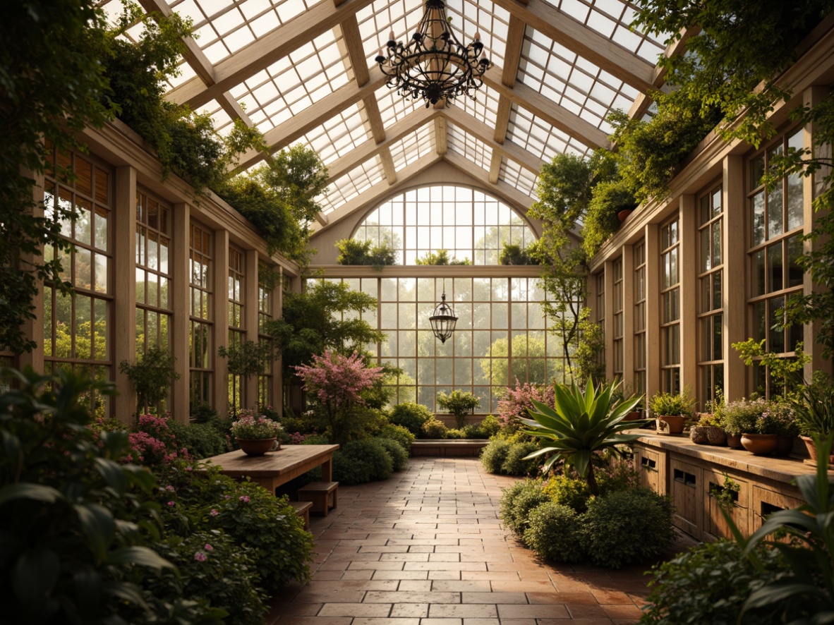 Prompt: \Luminous greenhouse, ornate Victorian details, lush greenery, exotic flowers, delicate glass panels, intricate metalwork, warm soft lighting, golden hour ambiance, shallow depth of field, 1/2 composition, natural stone flooring, rustic wooden accents, vintage botanical prints, elegant chandeliers, candlelight illumination, romantic misty atmosphere, warm beige color palette.\