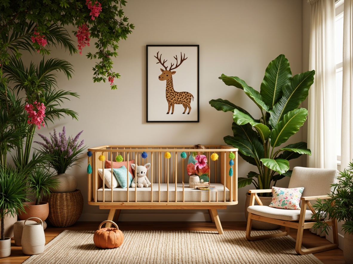 Prompt: Vibrant tropical nursery, lush greenery, exotic flowers, natural wood crib, woven rattan furniture, colorful tassel trim, playful jungle animal prints, soft pastel hues, warm beige walls, plush area rug, cozy reading nook, sheer white curtains, billowy drapes, natural linen fabrics, woven bamboo textures, tropical leaf patterns, bold botanical motifs, whimsical fairy lights, warm golden lighting, shallow depth of field, 1/1 composition, intimate atmosphere.