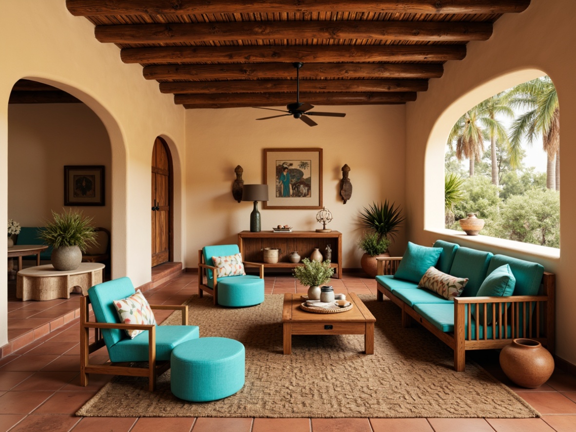 Prompt: Southwestern-style living room, warm beige walls, rustic wooden furniture, vibrant turquoise accents, natural stone flooring, terracotta tiles, earthy brown ceramics, woven jute rugs, plush area rugs, geometric patterned textiles, warm ambient lighting, shallow depth of field, 3/4 composition, panoramic view, realistic textures, ambient occlusion.