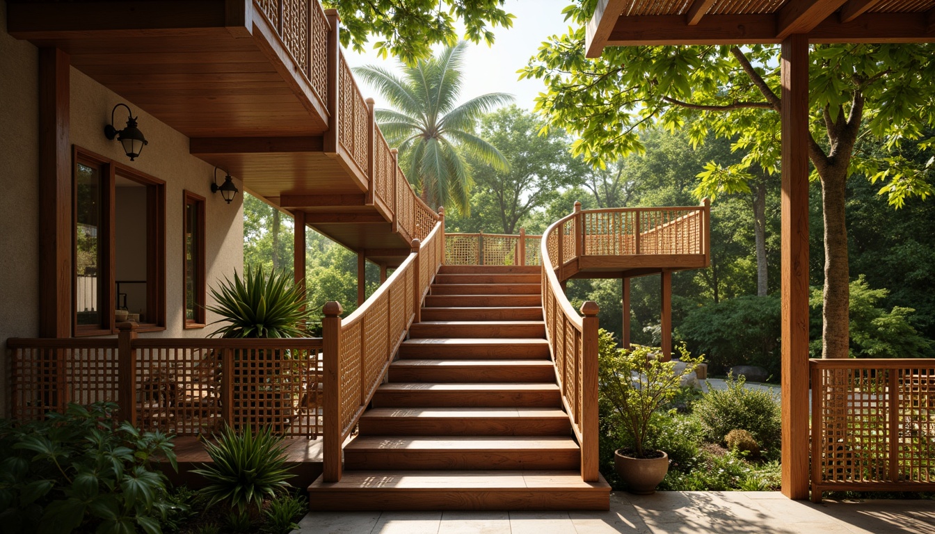 Prompt: Tropical staircase, natural wood railings, woven rattan balusters, lush greenery, warm sunny day, soft diffused lighting, pendant lanterns, bronze metal accents, ambient warm glow, subtle shadows, 3/4 composition, shallow depth of field, natural stone flooring, wooden step treads, carved wooden newel posts, exotic wood species, elegant curved lines, open risers, airy atmosphere.