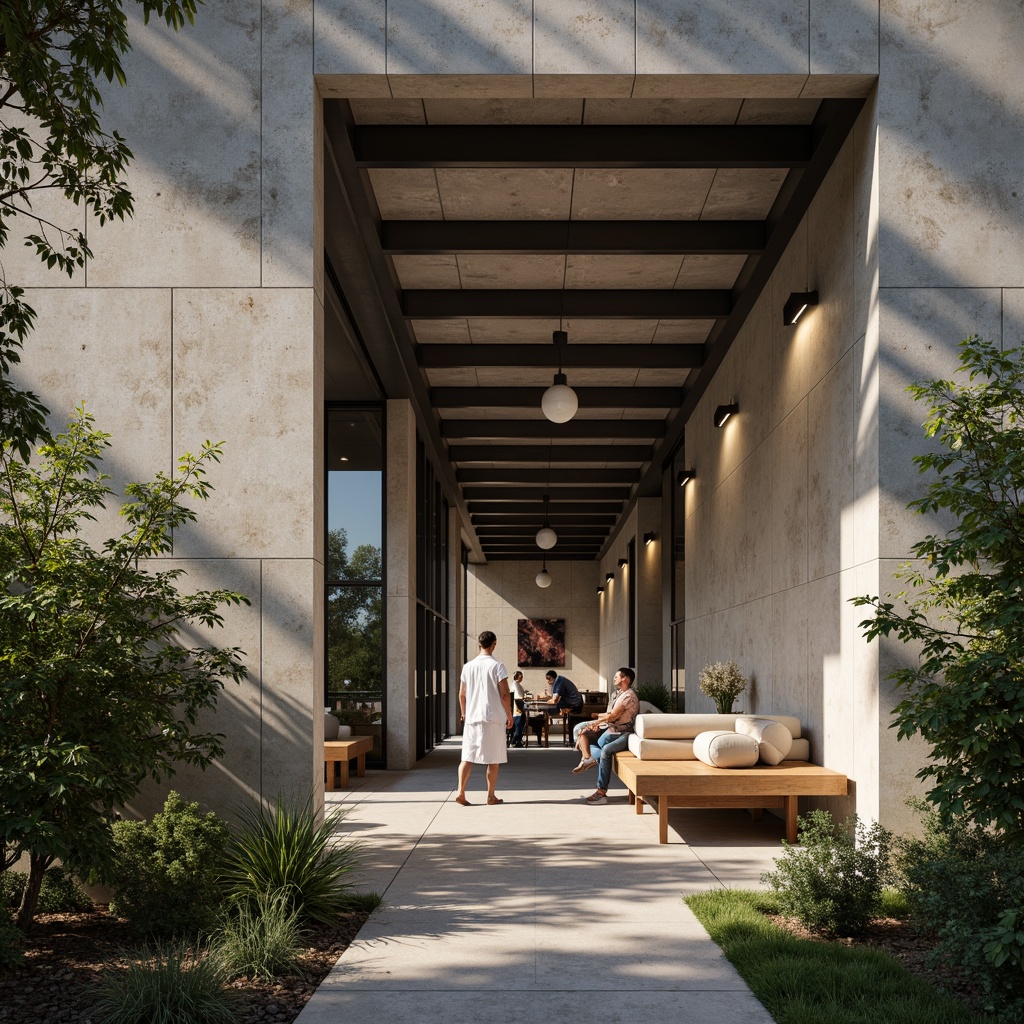 Prompt: Rugged clinic exterior, brutalist architecture, raw concrete walls, industrial-style lighting, metal beams, exposed ductwork, minimalist decor, functional layout, efficient patient flow, waiting area with wooden benches, natural stone flooring, abundant greenery, warm neutral color palette, soft indirect lighting, shallow depth of field, 1/2 composition, realistic textures, ambient occlusion.