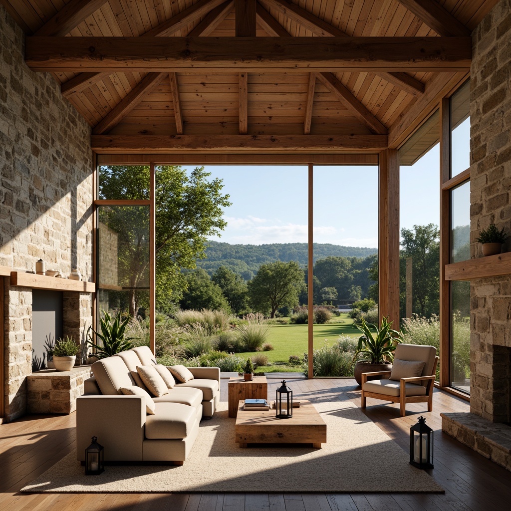 Prompt: Rustic farmhouse, open floor plan, high ceilings, wooden beams, natural stone walls, earthy color palette, cozy fireplaces, plush furnishings, vintage decor, reclaimed wood accents, metal lanterns, large windows, sliding glass doors, rolling hills, lush greenery, wildflowers, sunny day, soft warm lighting, shallow depth of field, 3/4 composition, panoramic view, realistic textures, ambient occlusion.