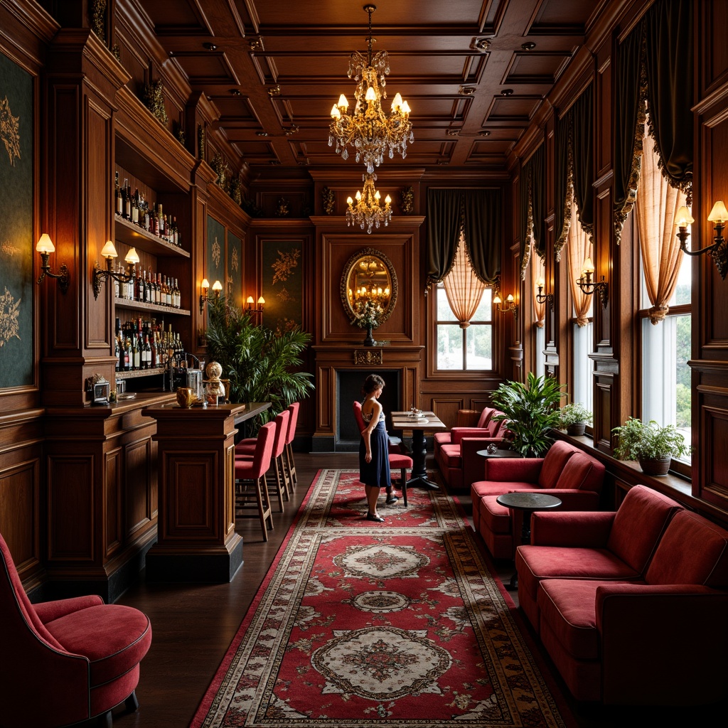 Prompt: Ornate pub interior, rich wood tones, velvety upholstery, gilded frames, luxurious fabrics, carved wooden furniture, intricate patterns, bronze accents, crystal chandeliers, lavish curtains, opulent atmosphere, dim warm lighting, shallow depth of field, 1/2 composition, realistic textures, ambient occlusion.