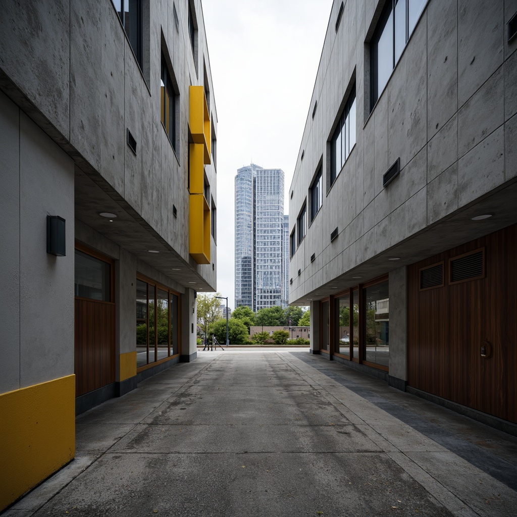 Prompt: Raw concrete structures, bold geometric forms, industrial materials, exposed ductwork, minimalist aesthetic, muted color palette, pops of vibrant yellow, deep blue accents, rich wood tones, metallic finishes, urban cityscape, overcast sky, dramatic shadows, high-contrast lighting, 1-point perspective, symmetrical composition, realistic textures, ambient occlusion.