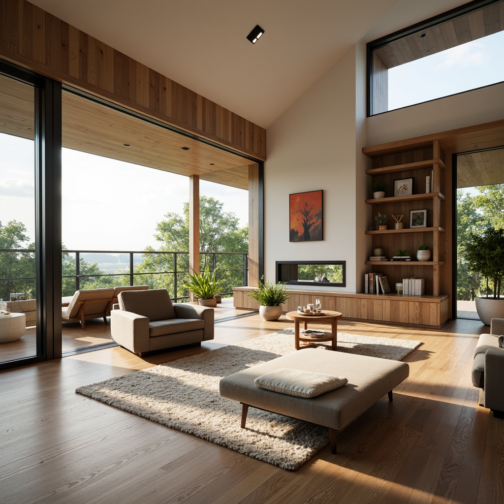 Prompt: Spacious open-plan living room, minimalist decor, sleek lines, natural materials, wooden floors, floor-to-ceiling windows, sliding glass doors, cozy reading nooks, built-in shelving, modern art pieces, soft warm lighting, shallow depth of field, 1/1 composition, panoramic view, realistic textures, ambient occlusion, lush greenery, vibrant plants, calming color palette.